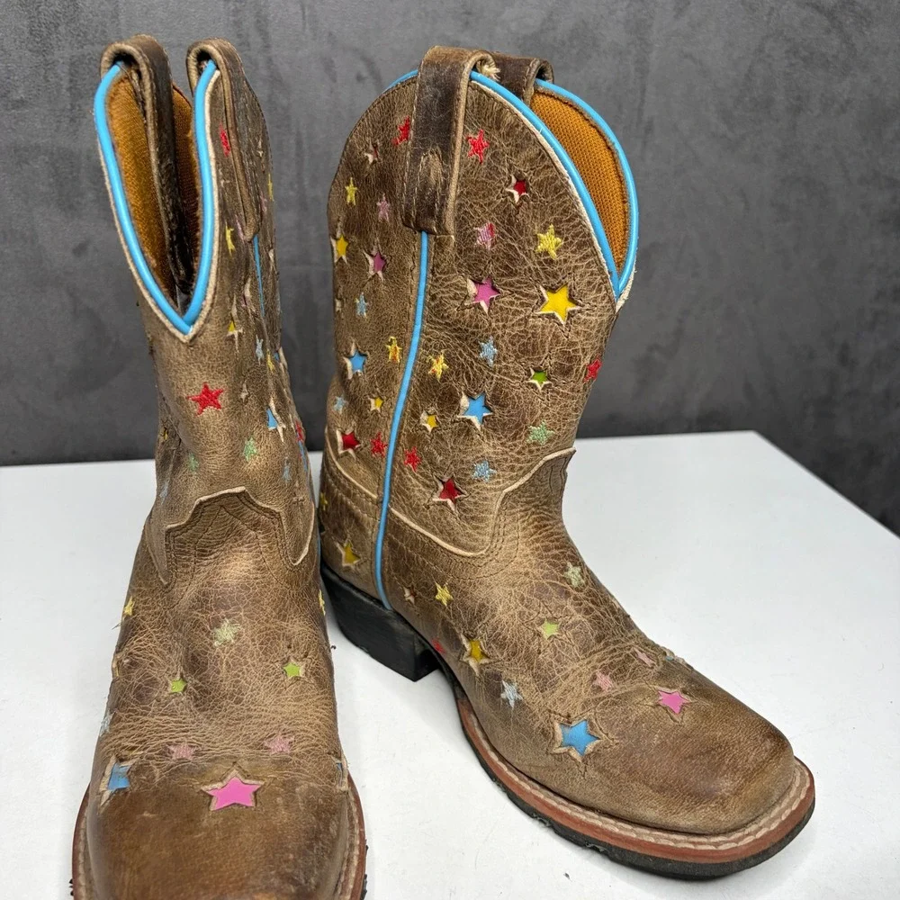 Dan Post Cowboy Boots Kids 13D Brown Multi Color Star Cutout Square Toe DPC2952